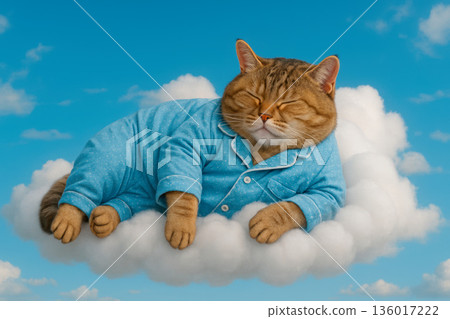 A cat in pajamas sleeps on a cloud in the sky. A cat in pajamas sleeps on a cloud in the sky. 136017222