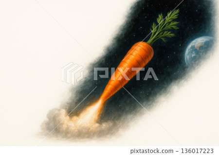 Carrot rocket flies into space. Space for text. Carrot rocket flies into space. Space for text. 136017223