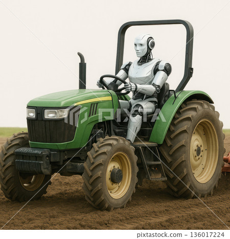Robot driving a green tractor in a field. Robot driving a green tractor in a field. 136017224