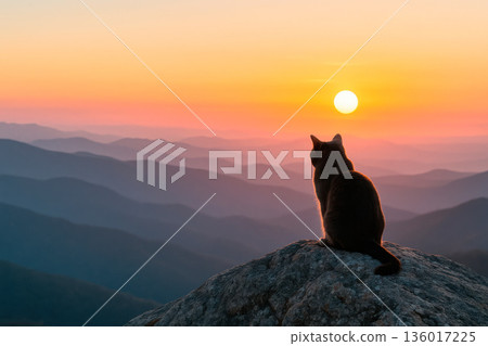 A cat sitting on a rock and looking at the sunset. Space for text. A cat sitting on a rock and looking at the sunset. Space for text. 136017225