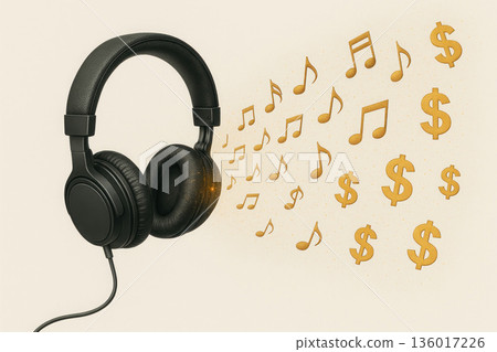 Headphones with flying notes and dollar signs. Headphones with flying notes and dollar signs. 136017226
