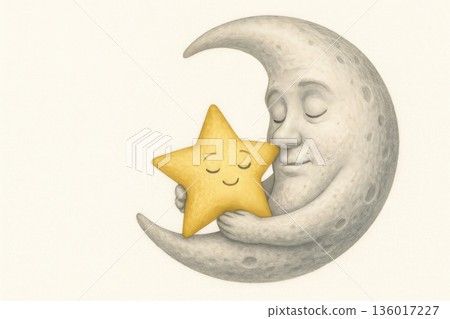 The moon gently embraces the smiling star. Space for text. 136017227