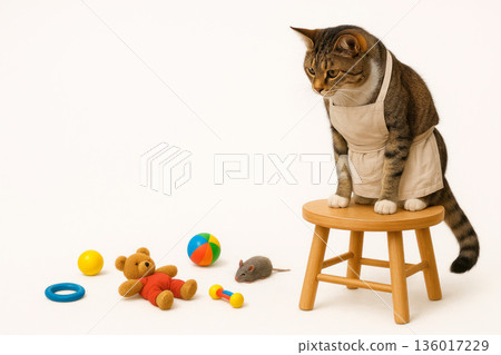 A cat in an apron sits on a stool next to toys. Space for text. 136017229