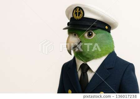 A parrot in a naval uniform with a cap. Space for text. A parrot in a naval uniform with a cap. Space for text. 136017238