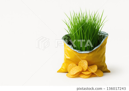 Fresh herbs herbs in a package of chips. Space for text. 136017243