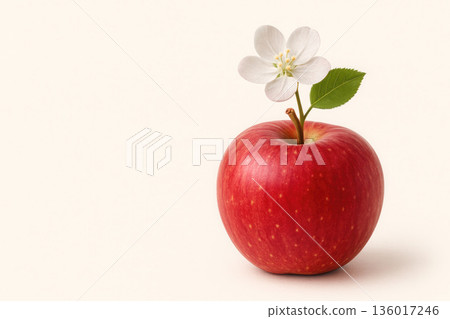 A red apple with a flower and a leaf on a light background. Space for text. A red apple with a flower and a leaf on a light background. Space for text. 136017246