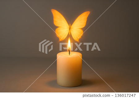 A burning candle with a flame in the shape of a butterfly. A burning candle with a flame in the shape of a butterfly. 136017247
