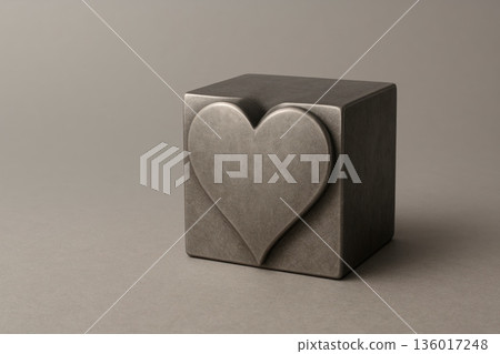 A metal cube with a heart carved into the surface. Space for text. A metal cube with a heart carved into the surface. Space for text. 136017248