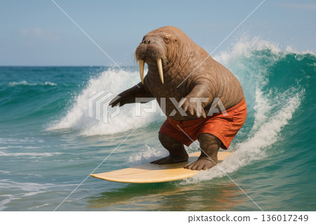 Surfer walrus on a board in the ocean. Surfer walrus on a board in the ocean. 136017249
