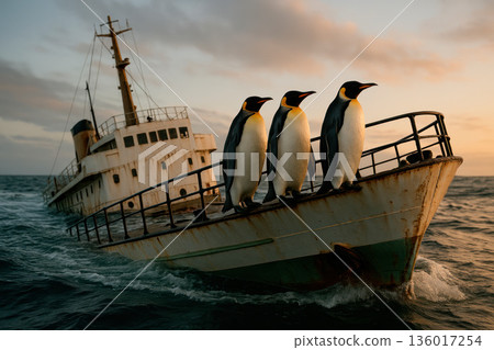 Three penguins on a sunken ship in the ocean. 136017254
