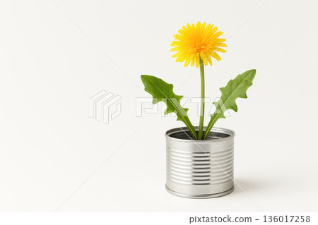 Yellow dandelion in a tin can. Space for text. 136017258