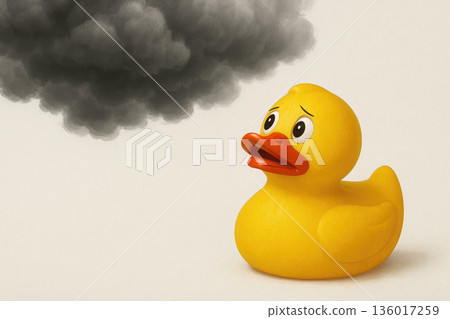 The yellow duck is afraid of a black thundercloud. Space for text. The yellow duck is afraid of a black thundercloud. Space for text. 136017259