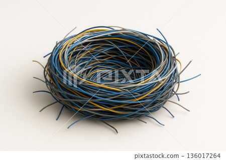 A nest made of multi-colored wires without a chick. Space for text. A nest made of multi-colored wires without a chick. Space for text. 136017264