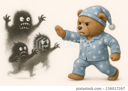 A bear cub in pajamas drives away nightmares. Space for text. 136017267