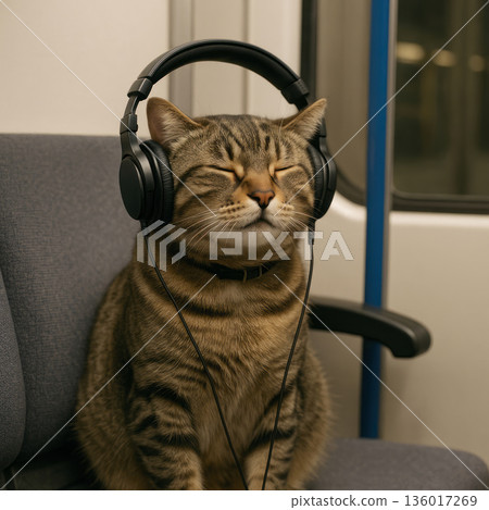 A cat in headphones enjoys music on the train. 136017269