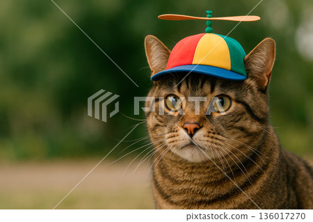 Tabby cat in multi-colored hat with propeller close-up portrait. Space for text. 136017270