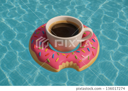 A cup of coffee on a swimming circle donut in the pool. A cup of coffee on a swimming circle donut in the pool. 136017274