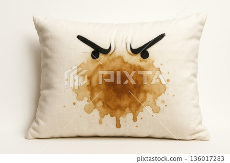 A pillow with an angry face and a coffee stain. A pillow with an angry face and a coffee stain. 136017283