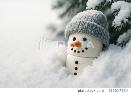 A marshmallow snowman in a hat hides in the snow. Space for text. A marshmallow snowman in a hat hides in the snow. Space for text. 136017284