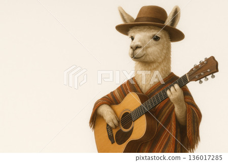 A llama in a poncho and a hat plays the guitar. Space for text. 136017285