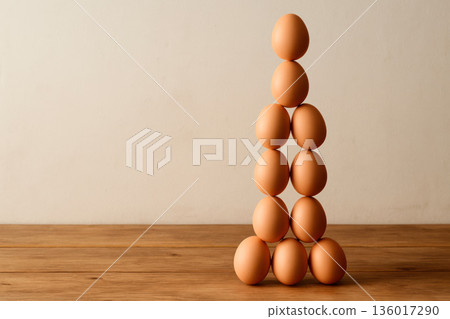 Eggs stacked in a tower on a wooden table, balance concept. Space for text. Eggs stacked in a tower on a wooden table, balance concept. Space for text. 136017290
