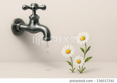 A tap with drops pours on the daisies. Space for text. A tap with drops pours on the daisies. Space for text. 136017292