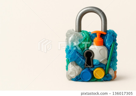 A padlock made of plastic waste. Space for text. 136017305