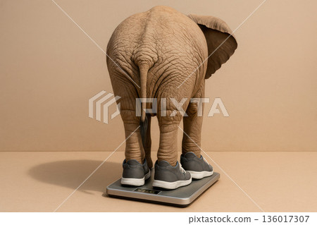 An elephant in sneakers stands on the scales with his back. An elephant in sneakers stands on the scales with his back. 136017307