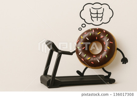 Donut on the treadmill dreams of abs. Space for text. 136017308