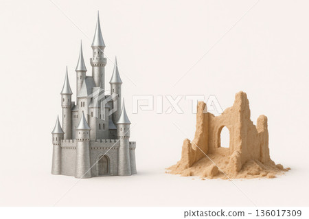 A stone castle next to a ruined sand castle. Space for text. A stone castle next to a ruined sand castle. Space for text. 136017309
