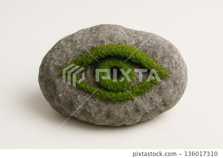 A stone with an eye made of green moss on the surface. 136017310