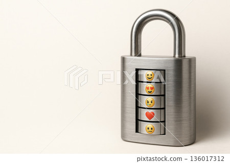 A lock with a code mechanism and emojis of emotions. Space for text. 136017312