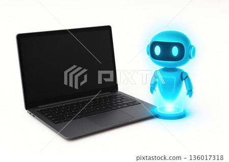A holographic robot appears next to the laptop. Space for text. 136017318