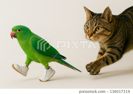 A parrot in sneakers runs away from a cat. A parrot in sneakers runs away from a cat. 136017319