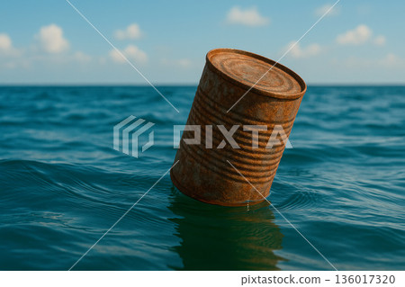 A rusty can floats in the sea. Space for text. A rusty can floats in the sea. Space for text. 136017320