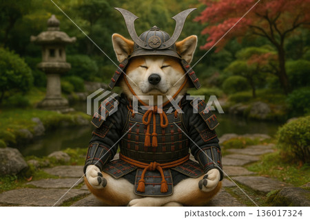 A dog in samurai armor meditates in a Japanese garden. A dog in samurai armor meditates in a Japanese garden. 136017324