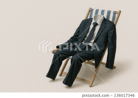 An empty business suit on a chaise lounge symbolizes a break from work. Space for text. 136017346