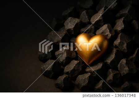 A heart of gold among the black stones. Space for text. A heart of gold among the black stones. Space for text. 136017348