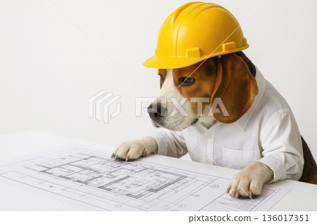 A construction dog in a helmet studies architectural drawings. Space for text. A construction dog in a helmet studies architectural drawings. Space for text. 136017351