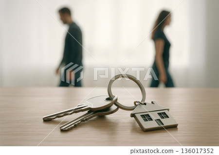 Keys with a keychain at home against the background of people dispersing. Keys with a keychain at home against the background of people dispersing. 136017352