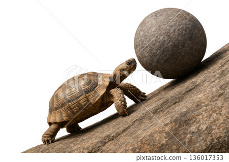 A turtle pushes a stone ball up a mountain. Space for text. A turtle pushes a stone ball up a mountain. Space for text. 136017353