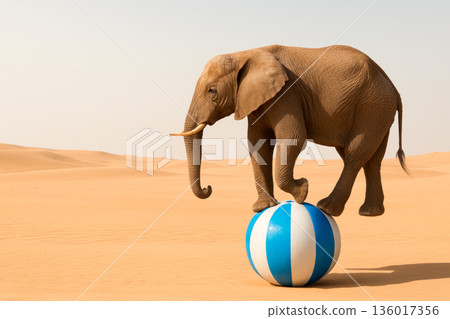 An elephant balancing on a ball in the desert. Space for text. 136017356
