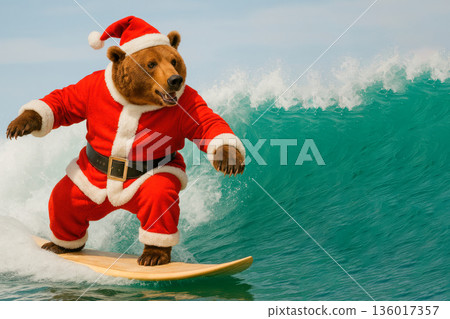 A bear in a Santa Claus costume surfs on a wave. Space for text. 136017357