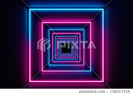 Neon tunnel with purple and blue squares. Neon tunnel with purple and blue squares. 136017359