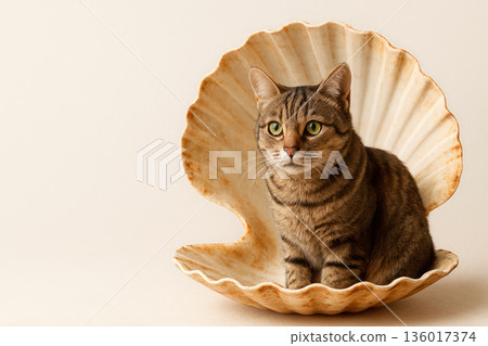 The cat sits inside a large seashell. Space for text. The cat sits inside a large seashell. Space for text. 136017374
