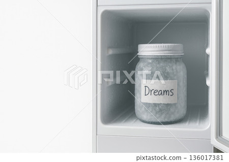 A jar with the inscription Dreams in a freezer on a white background. Space for text. A jar with the inscription Dreams in a freezer on a white background. Space for text. 136017381