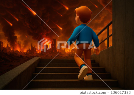 A man climbs the stairs to a ruined city with fire and meteors. A man climbs the stairs to a ruined city with fire and meteors. 136017383