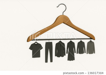 A hanger with miniature gray garments. Space for text. 136017384