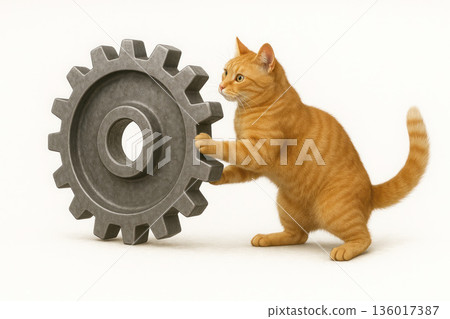 A ginger cat pushes a huge metal cogwheel. 136017387