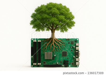 A green tree growing out of a computer board. A green tree growing out of a computer board. 136017389